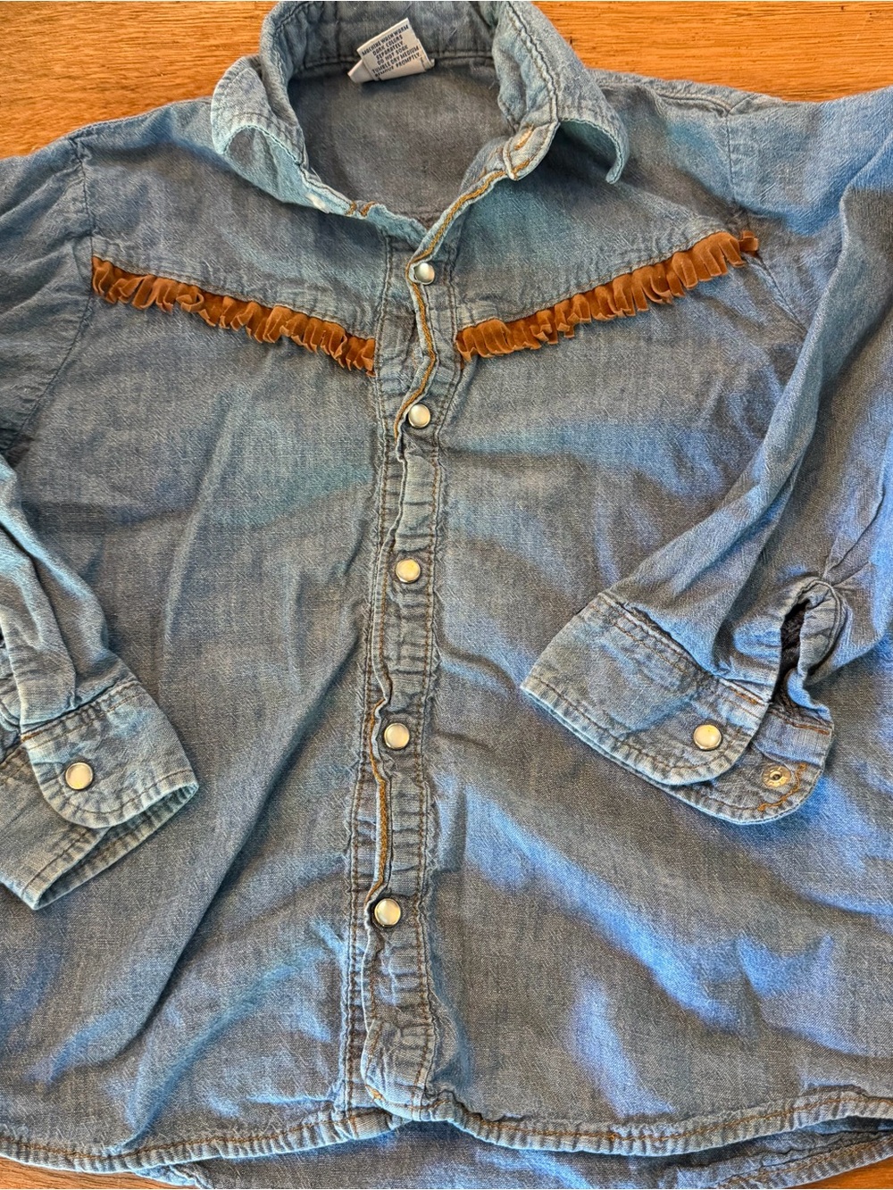 Vintage OshKosh Chambray Western Snap Front Denim Fringe Shirt Size 6